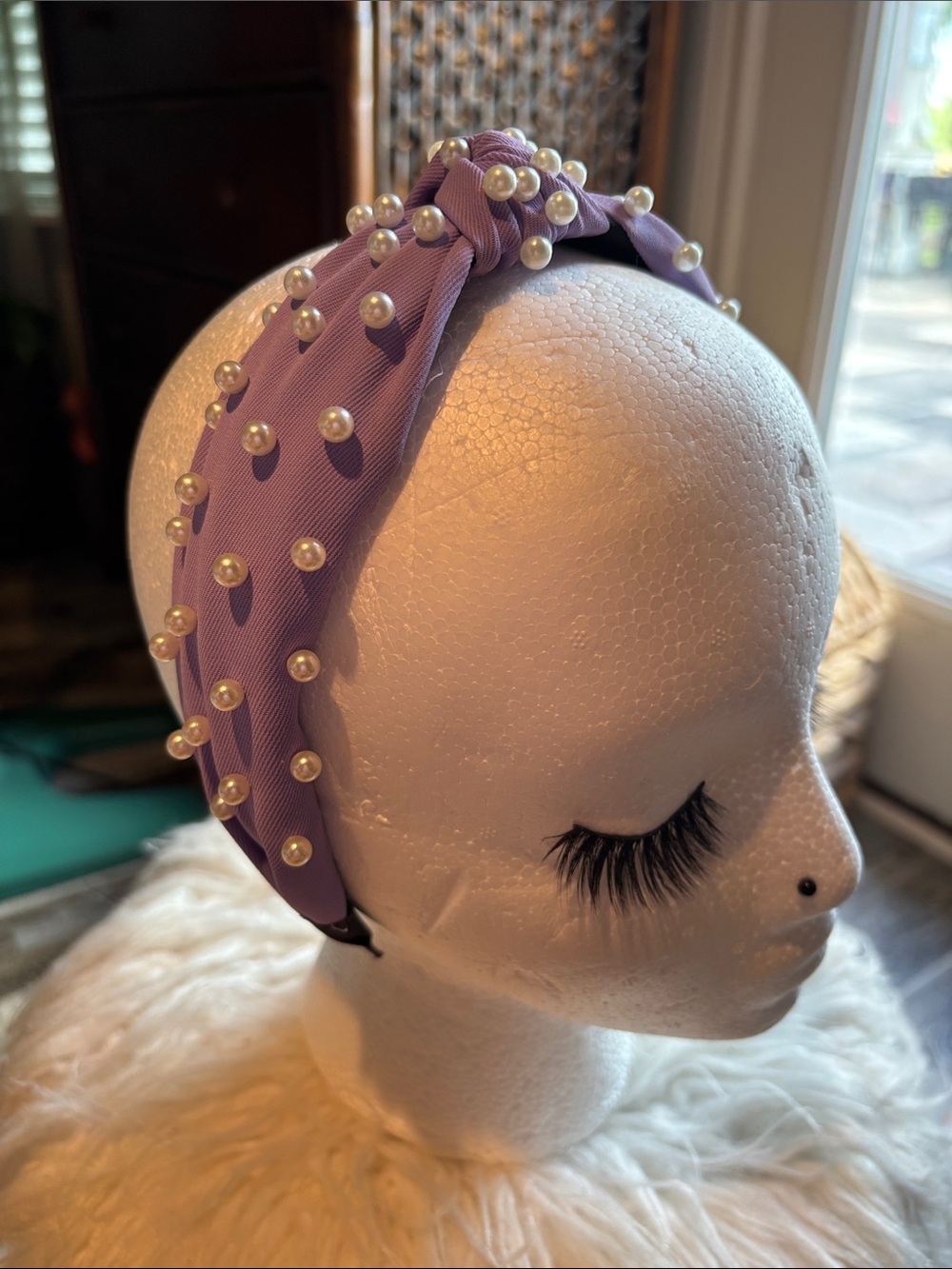 Pearl-Embellished Lavender Knot Headband